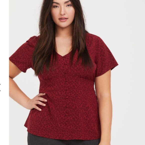 Torrid Chablis Button Front Top Burgundy Leopard Print Boho NWT Size 1X 14 16 - Picture 1 of 11